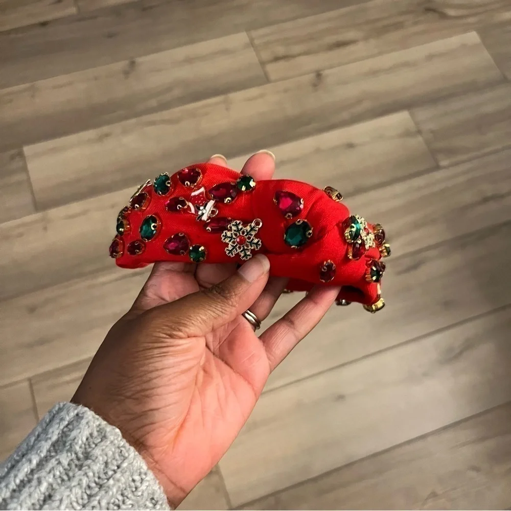 Glam Red Christmas Rhinestone Knotted Beaded Jeweled Headband